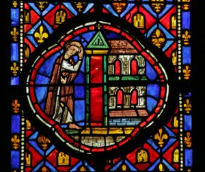Vitrail représentant Théophile construisant une Église